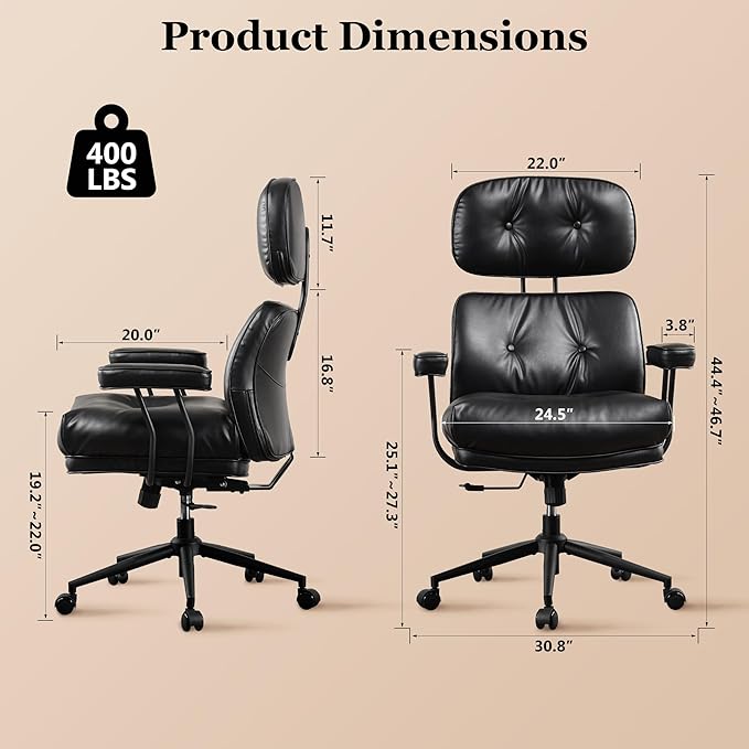 Mid Century Modren Big and Tall Office Chair,Large Ergonomic Executive Chair for Heavy Duty People, Desk Task Chair with Wheels, Faux Lether Fabric Wide Chair for Home Sturdy,Black