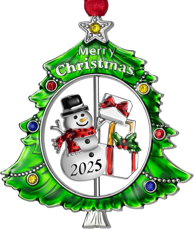 Christmas Tree Ornament Metal Silver Hanging Rotatable Design Charm Holiday Decorative Pendant Gift Keepsake (Snowman 2025)