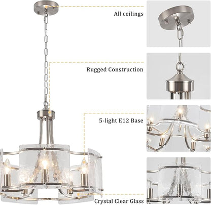 Modern Textured Glass Chandelier for Dining Room, 5-Light Brushed Nickel Crystal Chandeliers Light Fixture, Drum Round Rustic Farmhouse Chandelier for Kitchen Island Bedroom Living room Foyer，E12