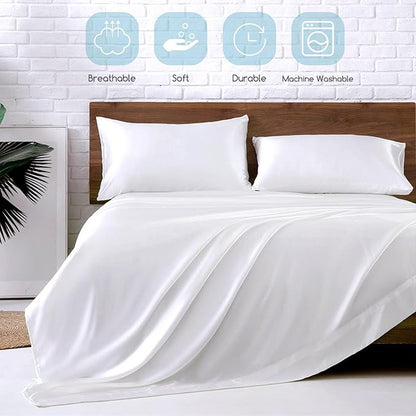 MR&HM Satin Bed Sheets, Twin XL Size Sheets Set, 3 Pcs Silky Bedding Set with 15 Inches Deep Pocket for Mattress (Twin XL, White)