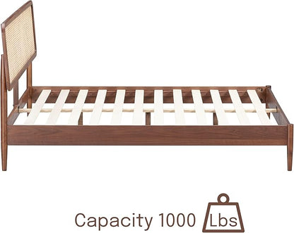 NTC Lupin Wooden Bed Frame with Headboard and Natural Rattan, Solid Oak/Rubber Wood Foundation with Silent Slats, 1000 Lb Capacity, Effortless Assembly (Natural Cane - Dark Walnut, King)