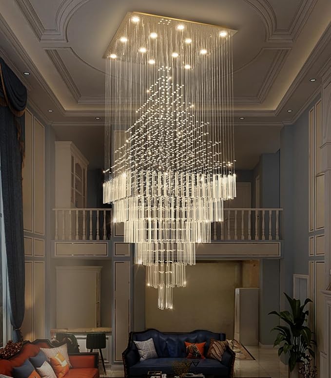W32 x H120 Glam Chandelier with LED Bulbs Square Chandeliers, Crystal Raindrop High Ceiling Pendant Light for Entrance Large Villa Foyer Lighting Fixtures Gold