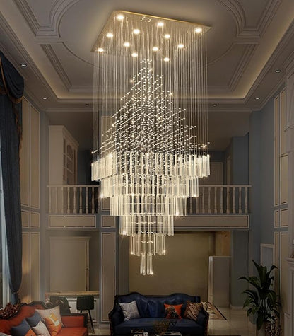 W32 x H120 Glam Chandelier with LED Bulbs Square Chandeliers, Crystal Raindrop High Ceiling Pendant Light for Entrance Large Villa Foyer Lighting Fixtures Gold