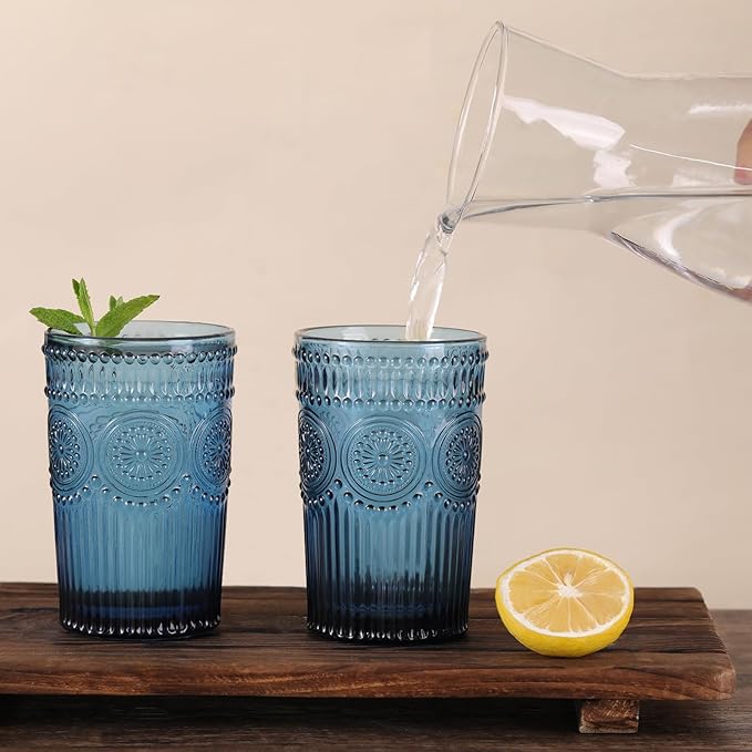 Vintage Glassware Drinking Glasses Set of 4-13 oz Blue Highball Glasses Water Tumbler, Embossed Glassware Cups for Juice, Beer, Cocktail, Whiskey, Various Mixed Drinks