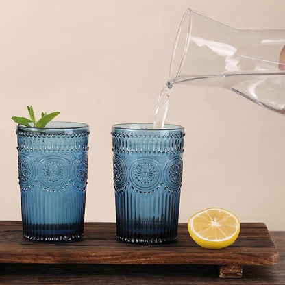 Vintage Glassware Drinking Glasses Set of 4-13 oz Blue Highball Glasses Water Tumbler, Embossed Glassware Cups for Juice, Beer, Cocktail, Whiskey, Various Mixed Drinks
