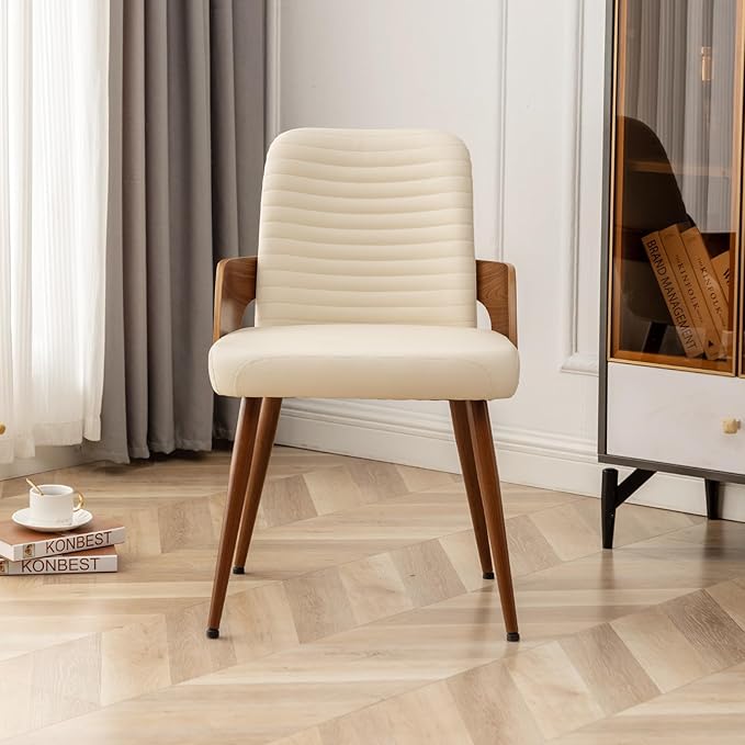 Dining Room Chairs Set of 4,Mid Century Modern Kitchen Chair,Upholstered Faux Leather Chairs,Metal Legs Wooden Desk Chair,Armless and No Wheels for Kitchen Dining,Beige PU