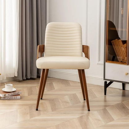 Dining Room Chairs Set of 4,Mid Century Modern Kitchen Chair,Upholstered Faux Leather Chairs,Metal Legs Wooden Desk Chair,Armless and No Wheels for Kitchen Dining,Beige PU