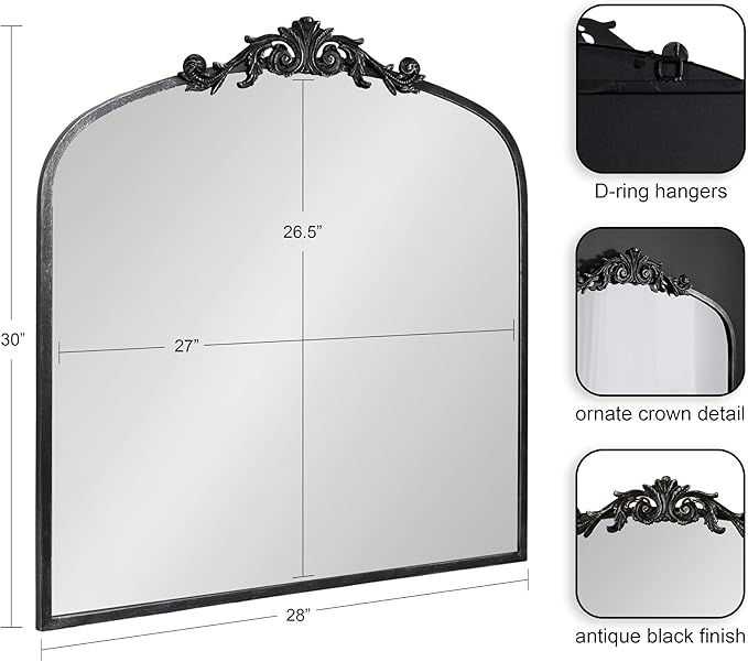 Kate and Laurel Arendahl Ornate Traditional Square Arched Mirror; 28 x 30; Antique Black Baroque Style Arch Vintage Wall Mirror with Wide Frame and Crown