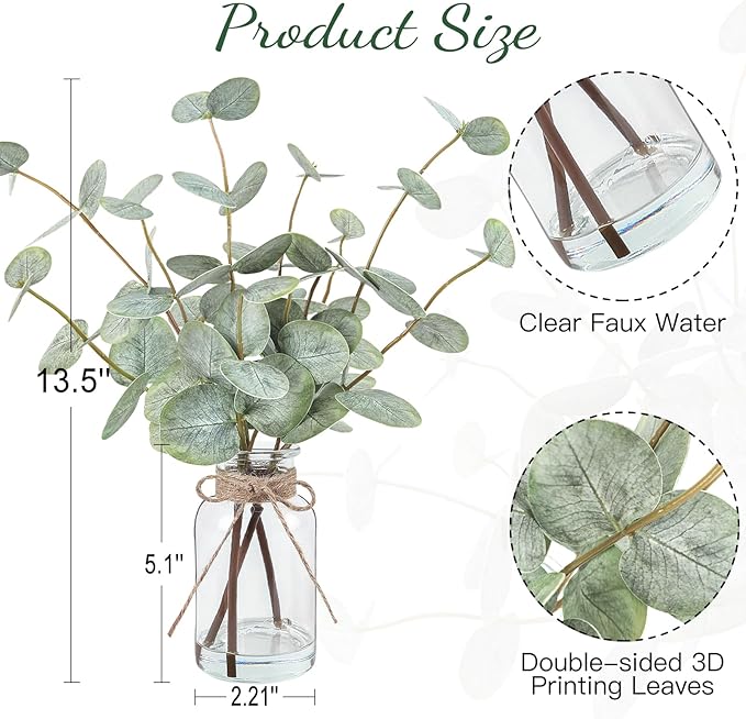 Artificial Eucalyptus Stems in Glass Vase with Faux Water, 13.5” Fake Plants for Home Decor Centerpieces, Office, Bathroom & Farmhouse Weddings - Faux Greenery Plants Decorations