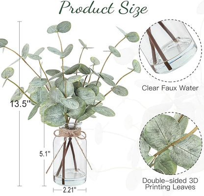 Artificial Eucalyptus Stems in Glass Vase with Faux Water, 13.5” Fake Plants for Home Decor Centerpieces, Office, Bathroom & Farmhouse Weddings - Faux Greenery Plants Decorations