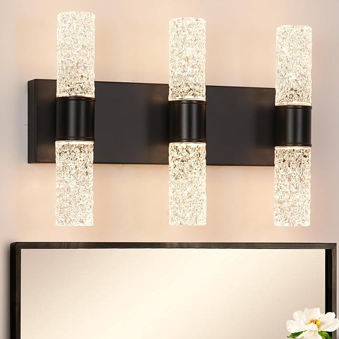 Modern Vanity Light, 6-Light Black LED Vanity Light Fixture, Crystal Bathroom Lighting Fixtures Over Mirror, Wall Lighting Fixtures for Bath, Wall Sconce for Bedroom Living Room, 27W 3000K Warm White