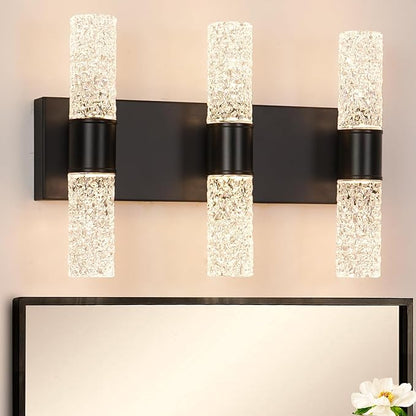 Modern Vanity Light, 6-Light Black LED Vanity Light Fixture, Crystal Bathroom Lighting Fixtures Over Mirror, Wall Lighting Fixtures for Bath, Wall Sconce for Bedroom Living Room, 27W 3000K Warm White
