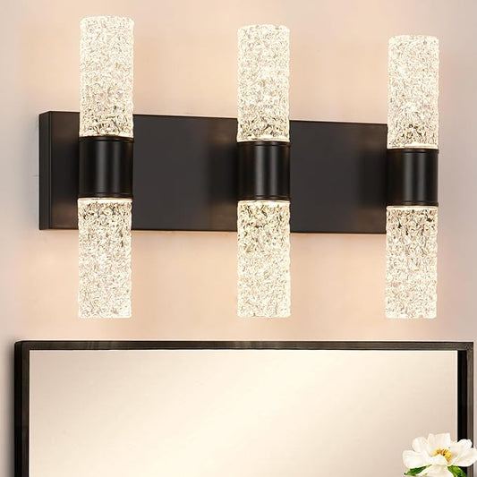 Modern Vanity Light, 6-Light Black LED Vanity Light Fixture, Crystal Bathroom Lighting Fixtures Over Mirror, Wall Lighting Fixtures for Bath, Wall Sconce for Bedroom Living Room, 27W 3000K Warm White