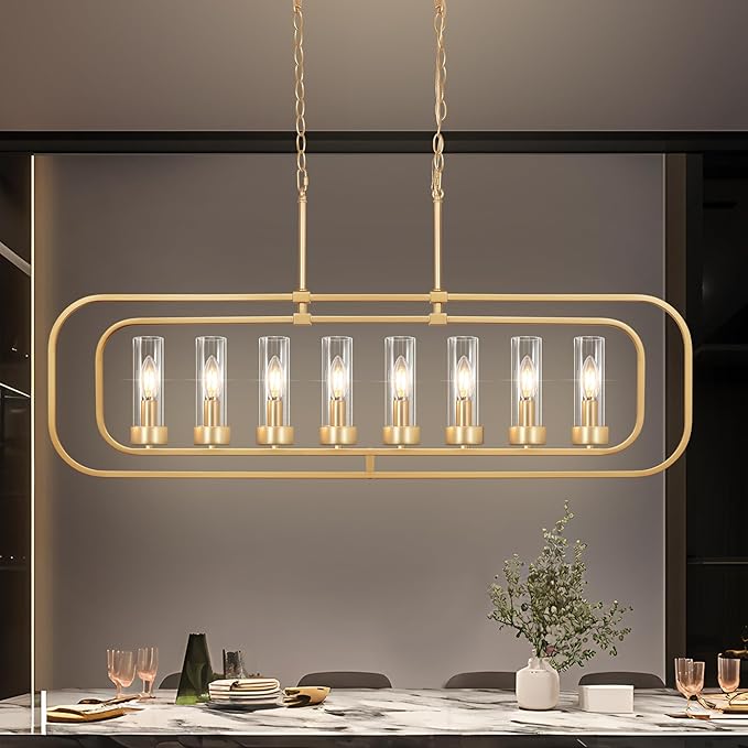 Gold Linear Dining Room Light Fixture, 8 Lights Modern Kitchen Isalnd Light, 45" Long Chandelier Farmhouse Chandeliers for Dining Room Industrial Pendant Lights with Clear Glass