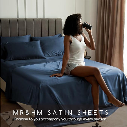 MR&HM Satin Bed Sheets with Elastic Corner Straps, Queen Size Sheets Set, 4 Pcs Silky Bedding Set with 15 Inches Deep Pocket for Mattress (Queen, Mood Indigo)