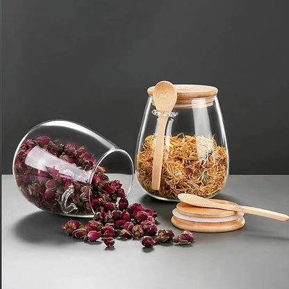 Airtight glass jar storage container with bamboo lid Set of 4, wide mouth, leak-proof, With a spoon, can be used for coffee beans, tea leaves, grains, dried fruits, etc (Small*4pcs)