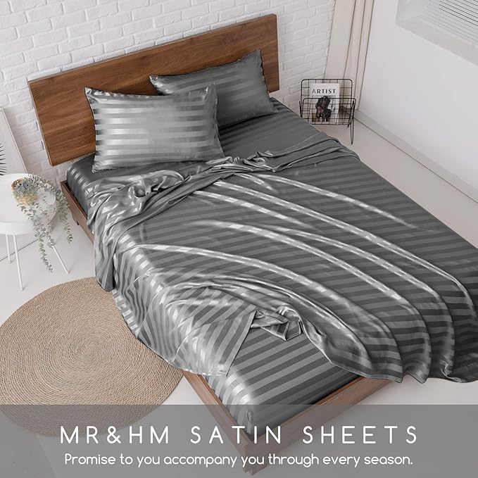 MR&HM Satin Bed Sheets, King Size Sheets Set, 4 Pcs Silky Bedding Set with 15 Inches Deep Pocket for Mattress (King, Dark Grey Striped)