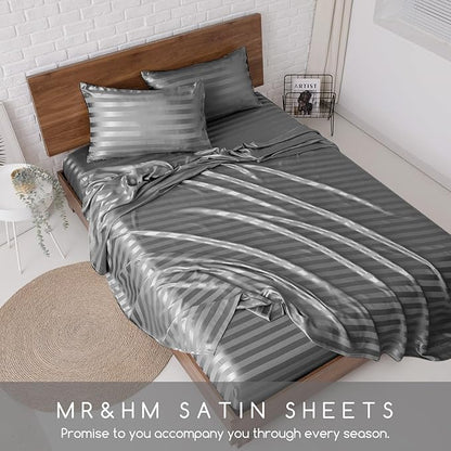 MR&HM Satin Bed Sheets, King Size Sheets Set, 4 Pcs Silky Bedding Set with 15 Inches Deep Pocket for Mattress (King, Dark Grey Striped)