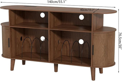 Large Round Record Player Stand with Charging Station & USB Ports，Record Storage Cabinet, Mid Century Modern Turntable Stand Console for Bedroom Living Room (Walnut)