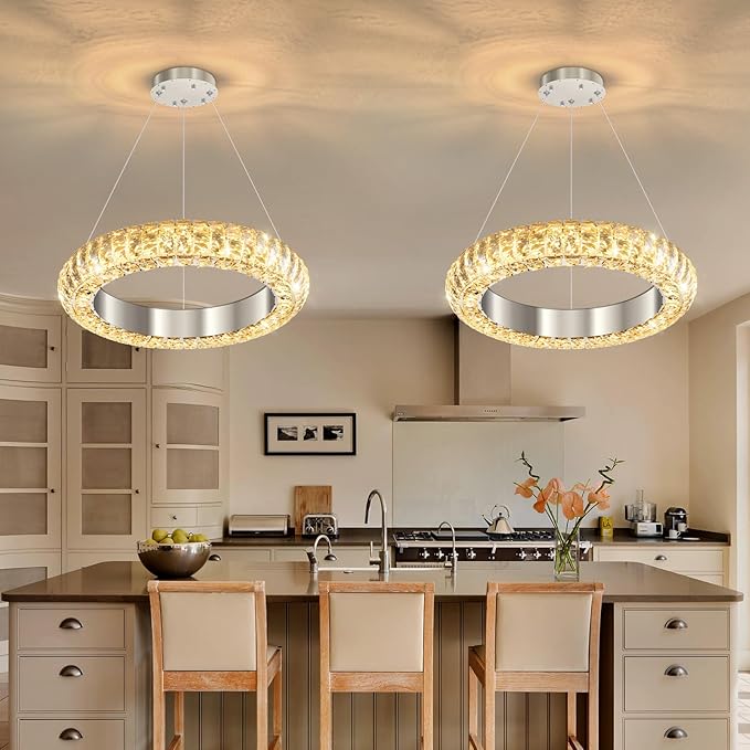 16" Ring Modern LED Dimmable Crystal Chandelier Adjustable Height Pendant Light Round Crystal Chandelier Light Fixtures for Dining Room Living Room Kitchen Island Silver