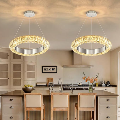 16" Ring Modern LED Dimmable Crystal Chandelier Adjustable Height Pendant Light Round Crystal Chandelier Light Fixtures for Dining Room Living Room Kitchen Island Silver