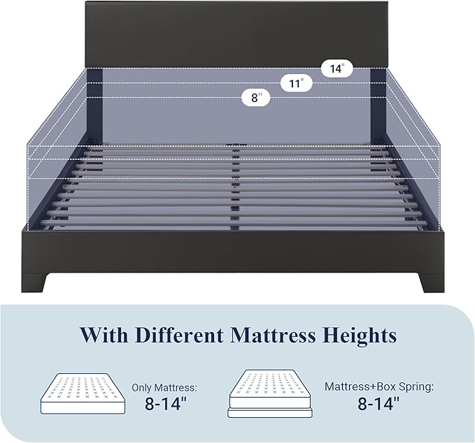 Allewie Full Size Bed Frame with Adjustable Headboard, Faux Leather Platform Bed with Wood Slats, Heavy Duty Mattress Foundation, No Box Spring Needed, Noise-Free, Easy Assembly, Black