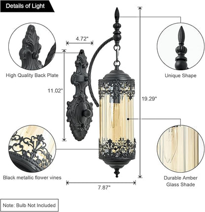 Rustic Wall Sconce with Amber Glass Mini Vintage Antique Gothic Wall Light Fixture Retro Farmhouse Mid Centry Lantern Wall Sconce for Bedroom, Hallway, Living Room, Mirror, Black, E12