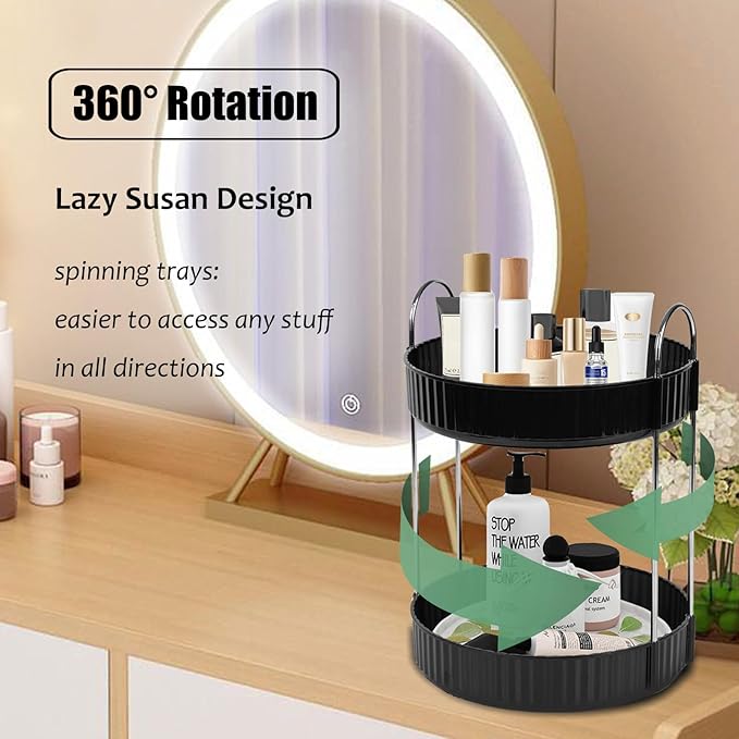 Rotating Makeup Organizer Countertop 2 Tier Lazy Susan Spinning Skincare Perfume Storage for Bathroom Counter Vanity, Black