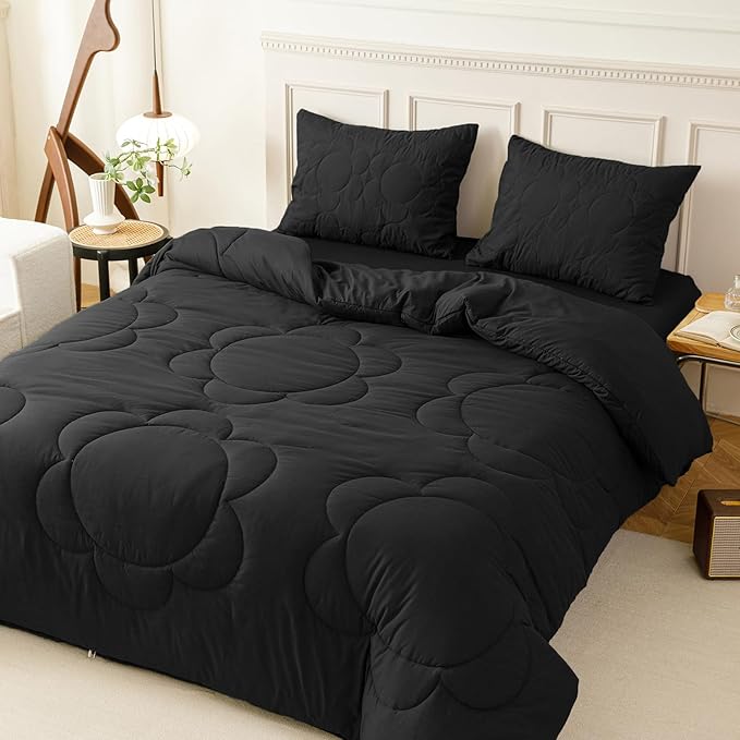 CLOTHKNOW Black Full Size Comforter Sets Daisy Puff Pattern Bedding Comforter Sets Soft Boho Black Comforter with 2 x Pillow Cases