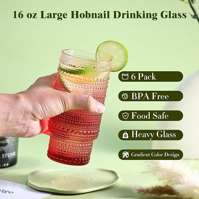 6pcs Hobnail Drinking Glasses Set, 16 oz Vintage Glassware Drinking Glasses, Gradual Red Water Glasses Tumbler, Christmas Gifts for Women