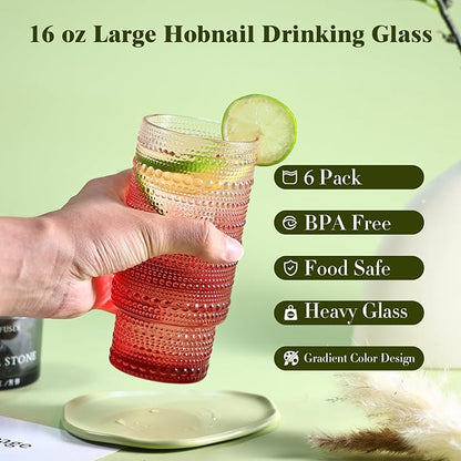 6pcs Hobnail Drinking Glasses Set, 16 oz Vintage Glassware Drinking Glasses, Gradual Red Water Glasses Tumbler, Christmas Gifts for Women