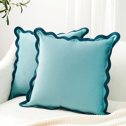 MONDAY MOOSE Decorative Throw Pillow Covers Cushion Cases, Set of 2 Soft Velvet Scalloped Wavy Edge Designs, Mix and Match for Home Decor, Pillow Inserts Not Included (Blue/Light Blue, 20x20 inch)