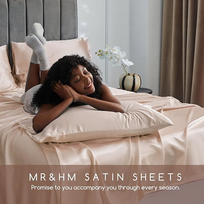 MR&HM Satin Bed Sheets, Queen Size Sheets Set, 6 Pcs Silky Bedding Set with 15 Inches Deep Pocket for Mattress(Queen, Taupe)