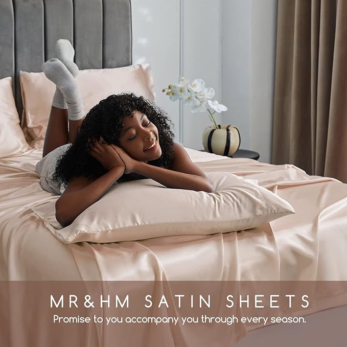 MR&HM Satin Bed Sheets, Full Size Sheets Set, 6 Pcs Silky Bedding Set with 15 Inches Deep Pocket for Mattress (Full, Champagne)