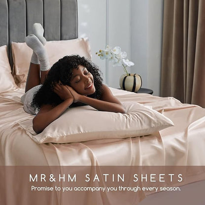 MR&HM Satin Bed Sheets, Twin Size Sheets Set, 3 Pcs Silky Bedding Set with 15 Inches Deep Pocket for Mattress (Twin, Champagne)