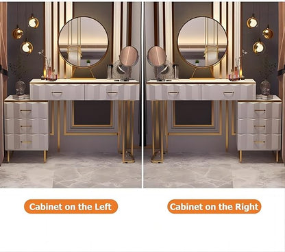 Modern White Extendable Makeup Vanity 5 Drawers Dressing Table Set with Stool and Looking Glass