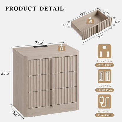 Fluted Nightstand with Charging Station, 23.6" Night Stand with Solid Wood Handle, Mid Century Modern Bedside Table End Table 3 Drawer Dresser for Bedroom, Living Room, White Alder