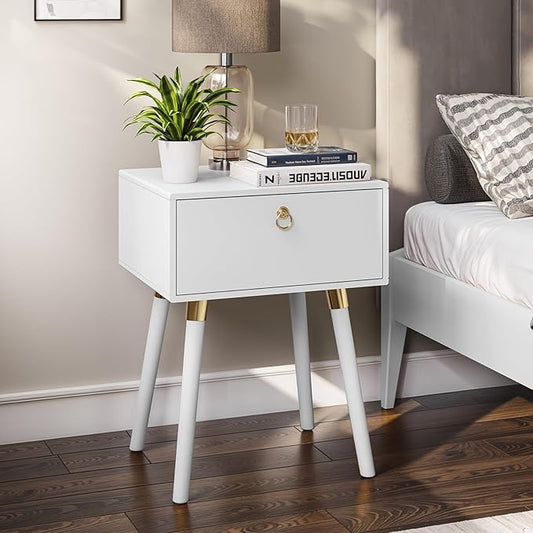 Bme Alden Wood Bedside Table Solid Wood Mid Century Modern Nightstand Compact for Bedroom Living Room & Study Room Easy Assembly, Ivory White