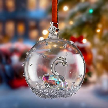 2025 Crystal Clear Glass Ball Christmas Ornament, Modern Tree Decoration with Red Ribbon (Swan)