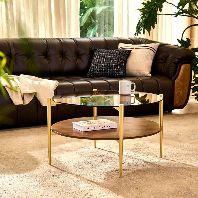 AGV LIGHTING Round Glass Coffee Table, Mid-Century Modern Coffee Table for Living Room, Glod Finish Leg, Coffee Brown Top & Walnut Wood Shelf