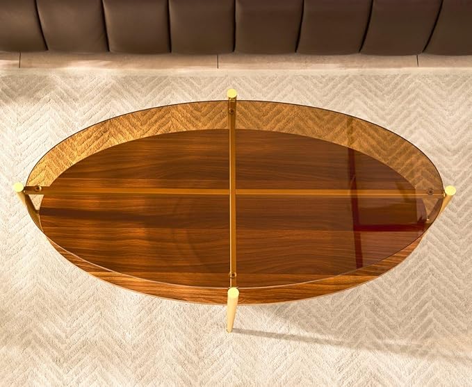 AGV LIGHTING Oval Coffee Table, Mid-Century Modern Coffee Table, Glass Coffee Table, Glod Finish Legs, Amber Brown Glass Top with Walnut MDF Shelf