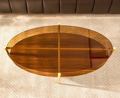 AGV LIGHTING Oval Coffee Table, Mid-Century Modern Coffee Table, Glass Coffee Table, Glod Finish Legs, Amber Brown Glass Top with Walnut MDF Shelf
