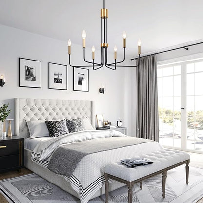 Modern Black and Gold Chandelier,6-Light Farmhouse Chandelier for Dining Room Light Fixtures Ceiling Hanging Industrial Chandelier Light Fixture for Kitchen Living Room Bedroom Entryway