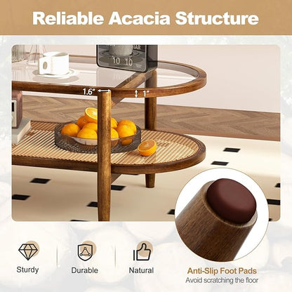 Moccha Boho Coffee Table, 2-Tier Center Table with Tempered Glass Tabletop & PE Rattan Storage Shelf, Mid Century Modern Tea Table with Wood Frame, 40" L Oval Accent Table for Living Room, Office