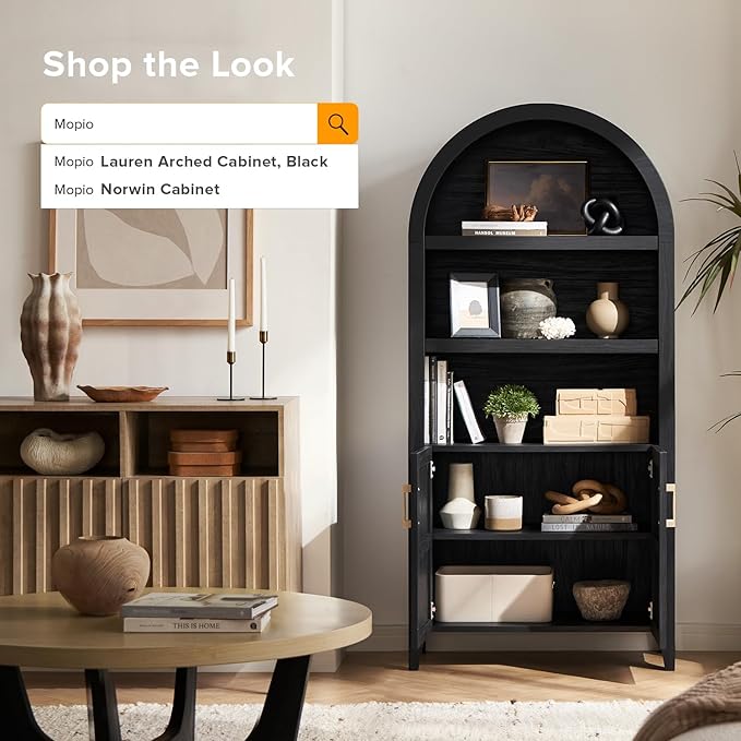 mopio Lauren 65.4" Short Arched Cabinet, 5-Tier Arched Bookcase with Doors and Shelves, Mini Arch Bookshelf with Storage, Wooden Storage Cabinet for Living Room and Kitchen Pantry (Black Accent)