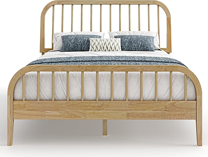 DG Casa Wesley Solid Wood Full Size Bed Frame - Mid Century Modern Style, Platform with Spindle Headboard and Footboard, No Box Spring Required, Natural Finish