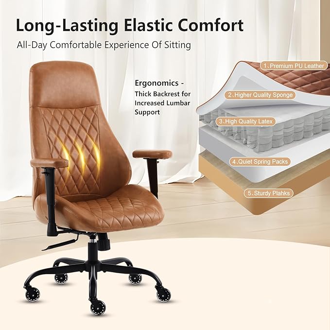 YFO Home Office Chair High Back Office Rubber Casters Ergonomic Computer Chair with Lumbar Support Adjustable Height Rolling Swivel Chair Executive Task Armrests， Brown Leather