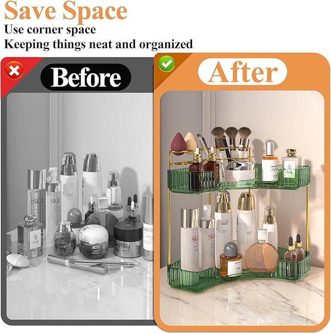 SUNZOS Bathroom Counter Organizer, Corner Vanity Cosmetic Storage with Makeup Brush Holder, Countertop Organizers for Dresser (2 Tier, Green)