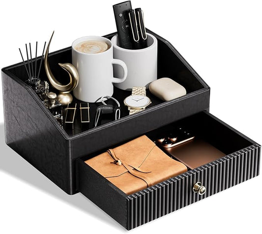 Desk Accessories,Black Vegan Leather Desk Organizers with 1 Draw Remote Control Holder with Gold-Tone Metal Accents Knob for End Tables,Bedside Table,Bedroom