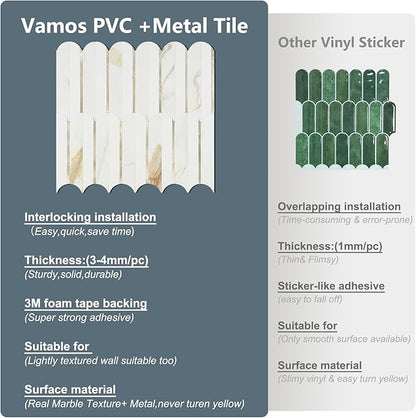 Vamos Tile Peel and Stick Backsplash Seamless Tile,10 Sheets Stick on Backsplash for Kitchen & Bathroom, Calacatta Gold+Matt Pure White Marble Look PVC+ Light Gold Self Adhesive Backsplash Tile